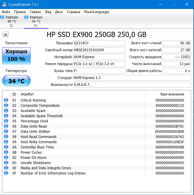 Скоростной SSD HP EX900 250G M.2 NVMe. Ракета в миникорпусе