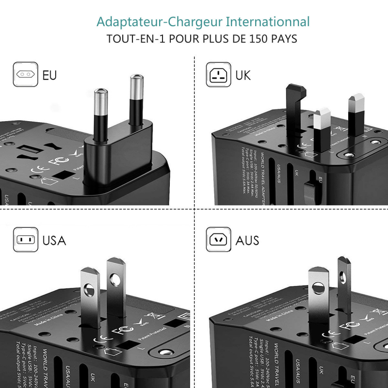 Мощный и универсальный туристический адаптер (4 USB 2.4A Port + Type-C) с вилками EU/UK/US/AU