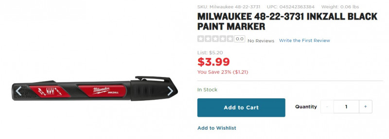 Маркер на основе жидкой краски Milwaukee 48-22-3731 INKZALL Paint Marker (Black): маркер, пишущий нестираемой краской