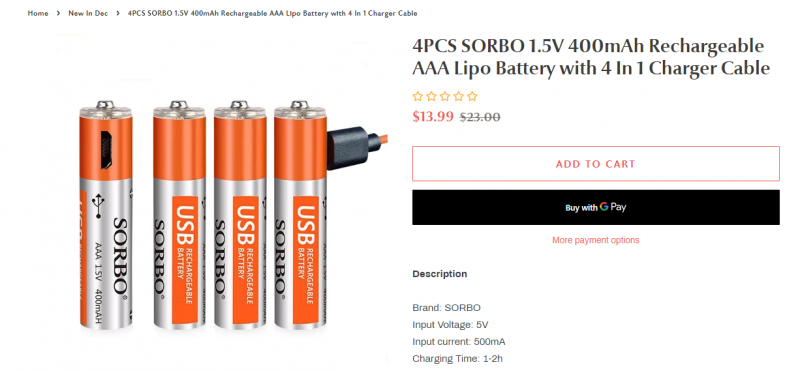 Отличная цена на аккумуляторные батарейки SORBO/ZNTER (Li-on1.5V), типоразмеры АА и ААА, от $13.99 за 4 шт