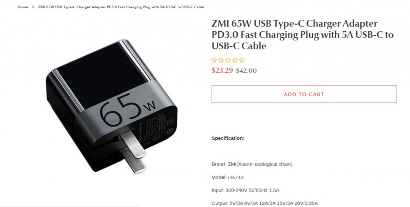Зарядное устройство  ZMI 65W USB Type-C Charger еще дешевле ($23.29)