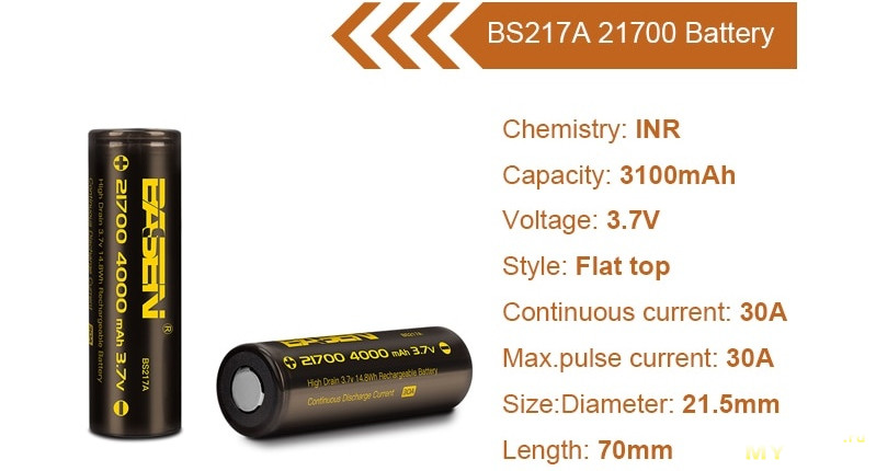 Аккумулятор Basen BS217A, 4000мАч в размере 21700