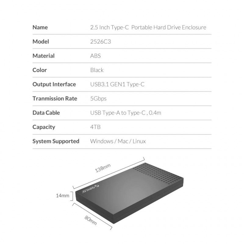 Кейс Orico USB 3.1 для HDD за 7.29$
