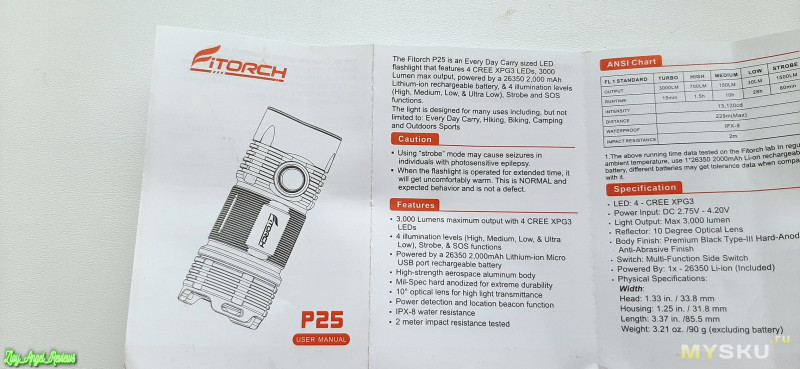 Обалденный, компактный, но мощный фонарик Fitorch p25 на аккумуляторе 26350 и 4х cree xpg3 с 3000Lm в турбо режиме