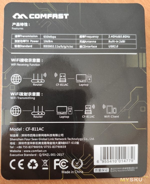 Миниатюрный WiFi USB адаптер 802.11ac/abgn 2.4+5ГГЦ (с разборкой)