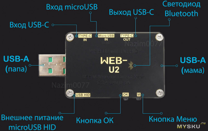 Пожалуй, лучший USB-тестер WEB-U2. Большой цветной экран, триггер протоколов зарядки, внешнее питание.
