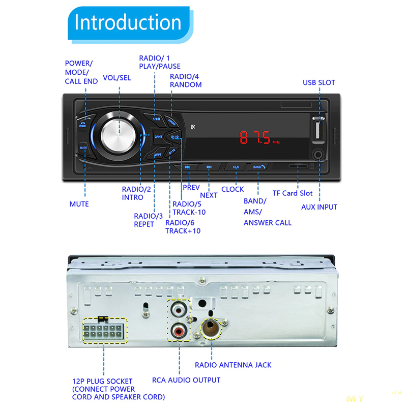 1Din автомагнитола с BT, FM радио, USB, microSD, AUX за 11.26$