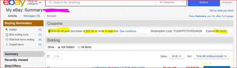 Купон на скидку 10$ для покупок от 20$ через моб. приложение eBay, сам купон - в личном кабинете eBay.